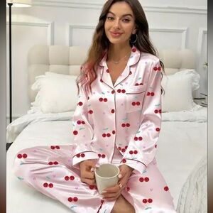 Pink Cherry Satin Pajama Set Size Medium